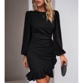 thumbnail image 1 of Women's Long Sleeves Dress Zipper Bodycon Mini Dress Ruffle Hem Round Neck Cocktail, 1 of 8
