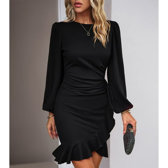 Women's Long Sleeves Dress Zipper Bodycon Mini Dress Ruffle Hem Round Neck Cocktail