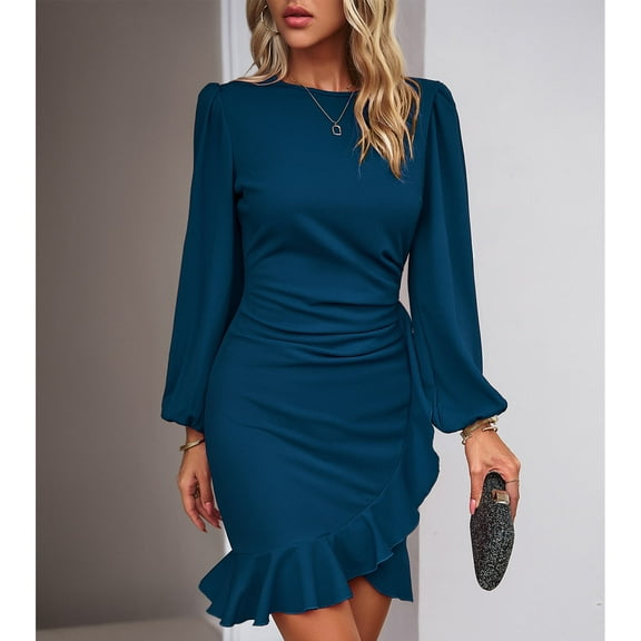 Women's Long Sleeves Dress Zipper Bodycon Mini Dress Ruffle Hem Round Neck Cocktail