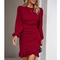 thumbnail image 1 of Women's Long Sleeves Dress Zipper Bodycon Mini Dress Ruffle Hem Round Neck Cocktail, 1 of 8