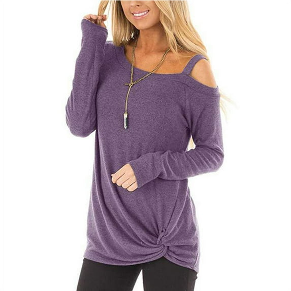 Women's Long Sleeves, Panels, Slanted Shoulders, Sweatshirt, Autumn/winter Knotted, Solid T-shirt, Fashionable Off-the-shoulder, Irregular Suspender Top