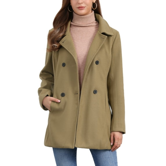 Women's Long Sleeves Peacoat Double Breasted Button Outerwear Winter Coat L Coffee