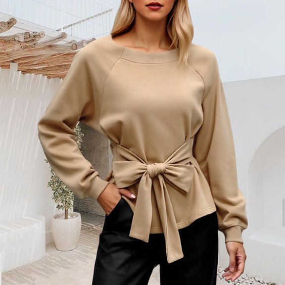 Women's Long Sleeves Shirt Tops Fall Crewneck Tie Knot Sweatshirt Pullover Tops (Khaki S)