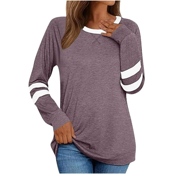 Women's Long Sleeves Tops Fashion Striped Crewneck Base Shirt Loose Comfy T-Shirts Tunics Blouses & Shirts Red Small