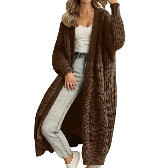 Women's Long Solid Cardigan Open Front Pocket Detail Knit Sweater Coat Oversized Comfortable Fall Winter Jacket for Lounge