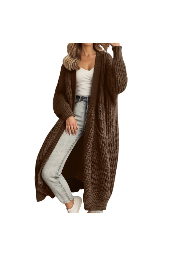 Women's Long Solid Cardigan Open Front Pocket Detail Knit Sweater Coat Oversized Comfortable Fall Winter Jacket for Lounge