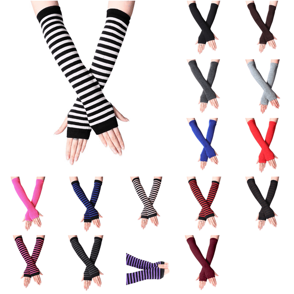Women's Long Striped Cotton Fingerless Gloves, Soft Stretchy Arm Warmers, Winter Thermal Warm Sleeves for Daily Dress‑up Outdoor Driving Casual Wear, Black‑White Stripe
