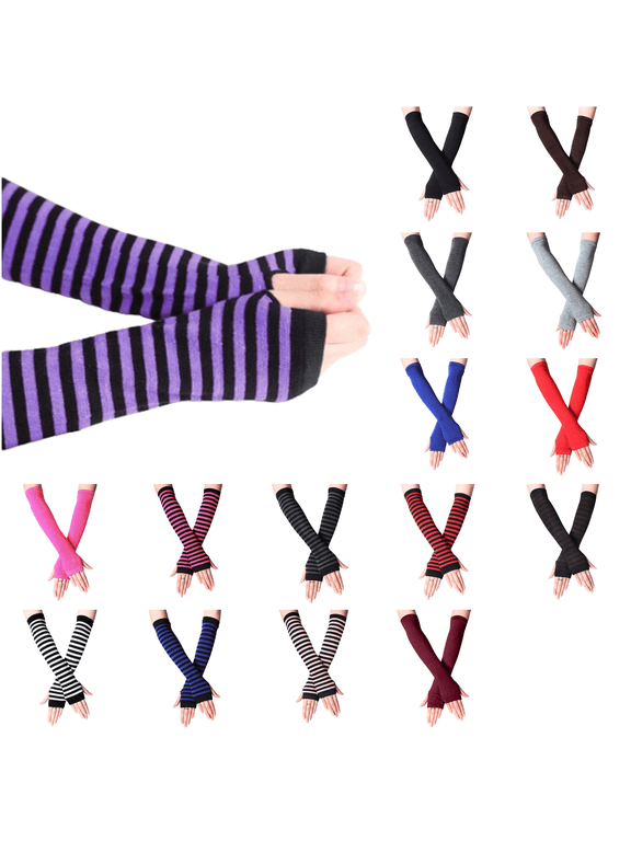 Women's Long Striped Cotton Fingerless Gloves, Soft Stretchy Arm Warmers, Winter Thermal Warm Sleeves for Daily Dress‑up Outdoor Driving Casual Wear, Black‑Purple Stripe