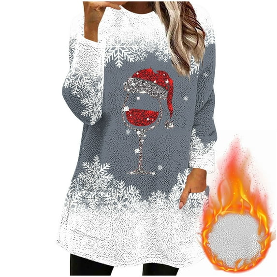 Women's Long Sweaters with Pockets Sherpa Fleece Christmas Crewneck Pullover Sweatshirt Tunic Tops for Leggings (S, Gray)