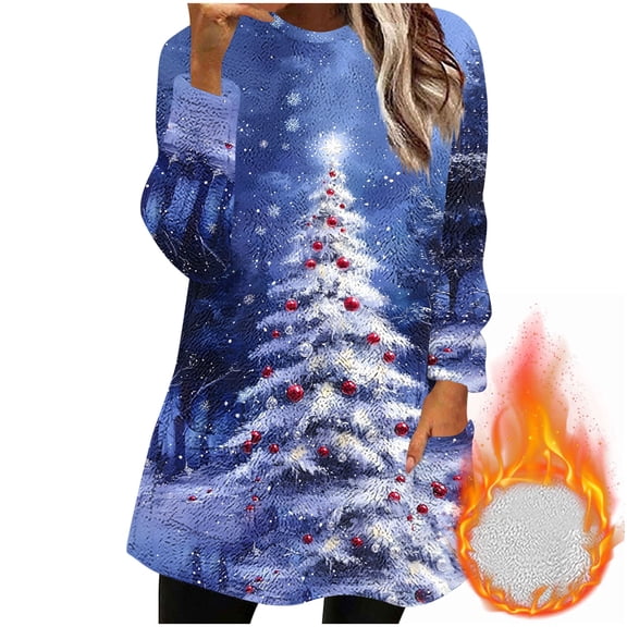 Women's Long Sweaters with Pockets Sherpa Fleece Christmas Crewneck Pullover Sweatshirt Tunic Tops for Leggings (XL, Purple|Xmas Tree)