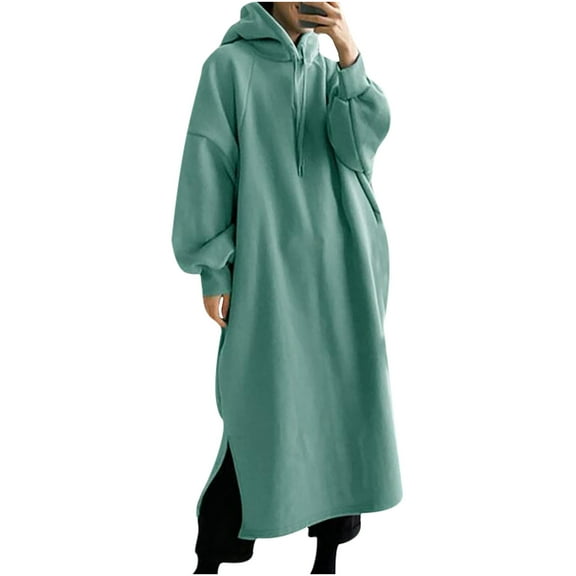 Women's Long Sweatshirt Dresses Crewneck Drawstring Pullover Casual Oversized Long Sleeve Hoodie Dress with Pockets Ladies Clothes
