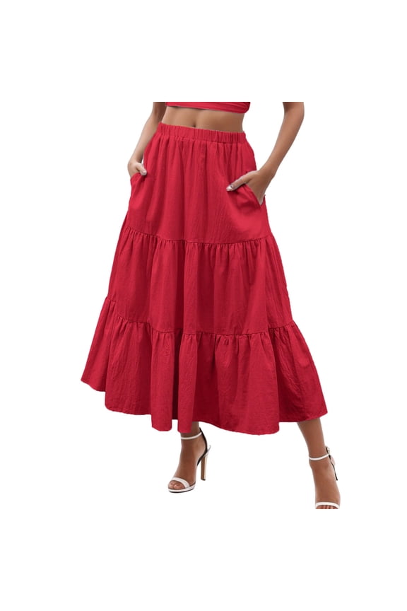 Women's Long Swing A-Line Skirt Flowy Boho Dress Tiered Pleated Design with Elastic Waistband and Side Pockets for Summer Beach