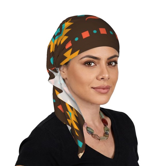 Women's Long Tail Head Scarf, Soft Stretch Pull-On Turban Beanie Cap, Cowboy Western Native Print
