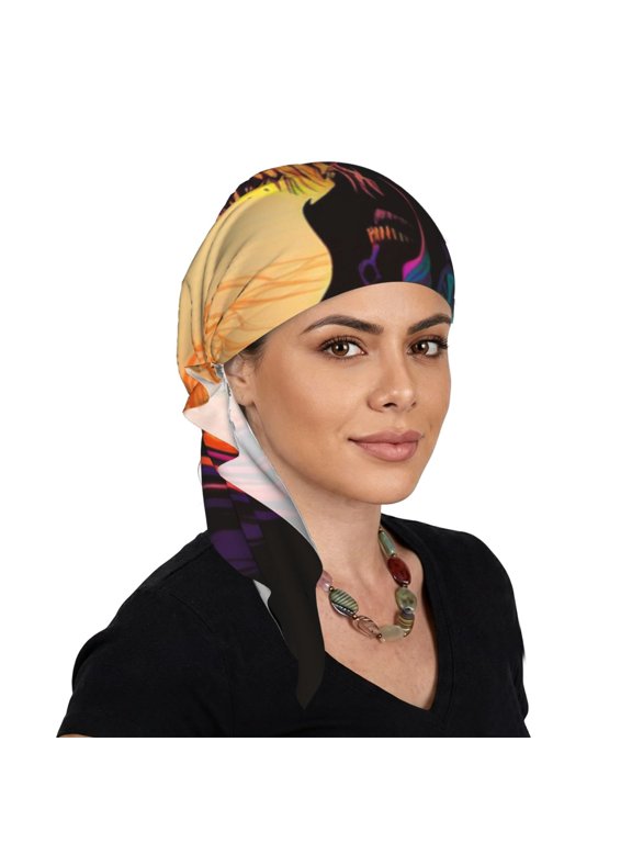 Women's Long Tail Head Scarf, Soft Stretch Pull-On Turban Beanie Cap, Dark Grim Reaper Psychedelic Death B2b8ef93 Print