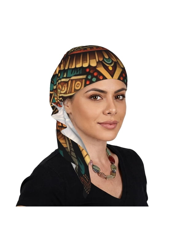 Women's Long Tail Head Scarf, Soft Stretch Pull-On Turban Beanie Cap, Tribal Indian Aztec Native Southwest Print