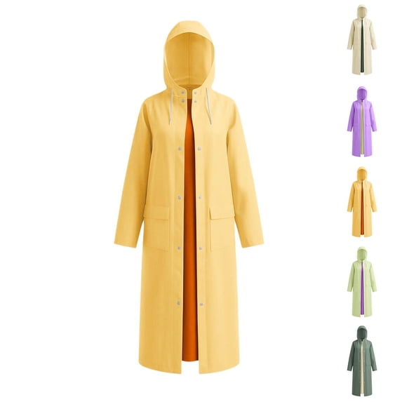 Women’s Long Thickened Raincoat Hooded Contrast Color Full Length Waterproof Rain Jacket Loose Fit Wind Resistant Outer Wear for Commuting and Outdoor Activities Purple