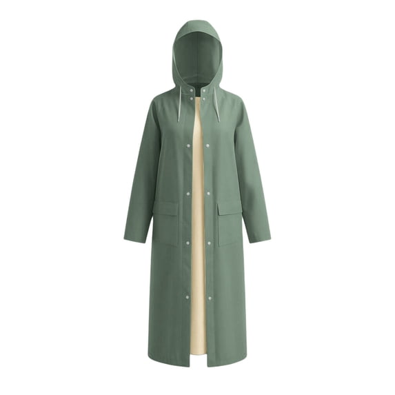 Women’s Long Thickened Raincoat Hooded Contrast Color Full Length Waterproof Rain Jacket Loose Fit Wind Resistant Outer Wear for Commuting and Outdoor Activities Army Green