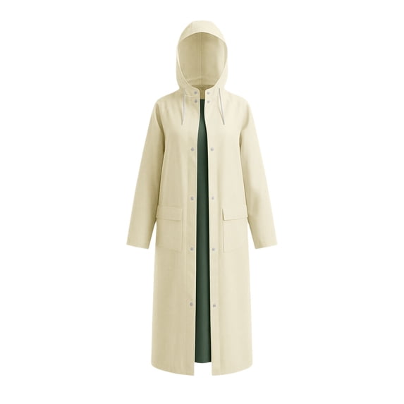 Women’s Long Thickened Raincoat Hooded Contrast Color Full Length Waterproof Rain Jacket Loose Fit Wind Resistant Outer Wear for Commuting and Outdoor Activities Beige
