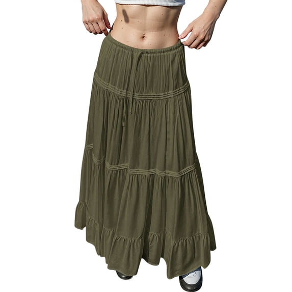 Women’s Long Tiered Maxi Skirt with Elastic Waist Lightweight Flowing Fabric Boho Style Casual Wear for Everyday Use Army Green L