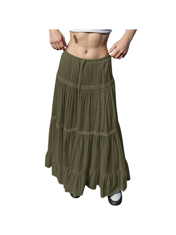 Women’s Long Tiered Maxi Skirt with Elastic Waist Lightweight Flowing Fabric Boho Style Casual Wear for Everyday Use Army Green S