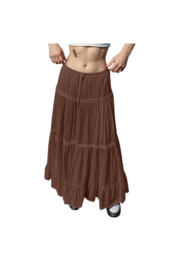 Women’s Long Tiered Maxi Skirt with Elastic Waist Lightweight Flowing Fabric Boho Style Casual Wear for Everyday Use Brown M