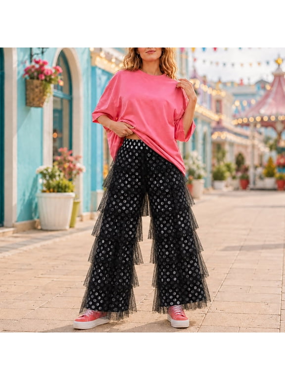 Women's Long Tiered Ruffled Tulle Pants High Waist Stripe Print Layered Ruffle Tulle Lace Patchwork Colorful Boho Trouser (Black M)