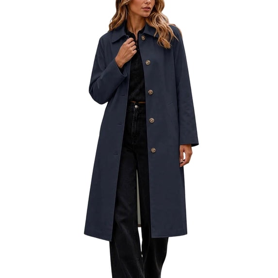 Women's Long Trench Coat Button Down Lapel Collar Long Sleeve Lined Jacket Solid Color Casual Outerwear for Work Daily Wear Fall Winter