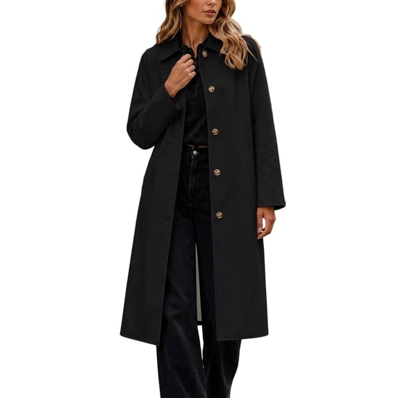 Women's Long Trench Coat Button Down Lapel Collar Long Sleeve Lined Jacket Solid Color Casual Outerwear for Work Daily Wear Fall Winter