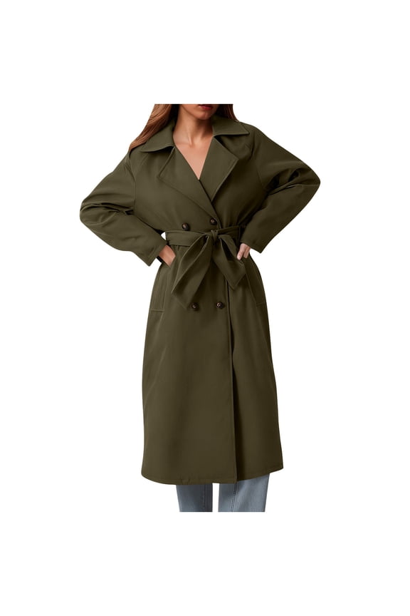 Women's Long Trench Coat Double Breasted Wrap Belted Overcoat Notch Lapel Solid Color Fall Winter Clothes Army Green M