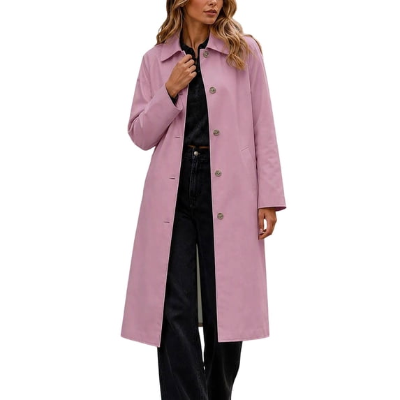 Women's Long Trench Coat Lapel Collar Single Breasted Button Down Long Sleeve Dressy Elegant Classic Business Fall Winter Overcoat with Pockets Pink