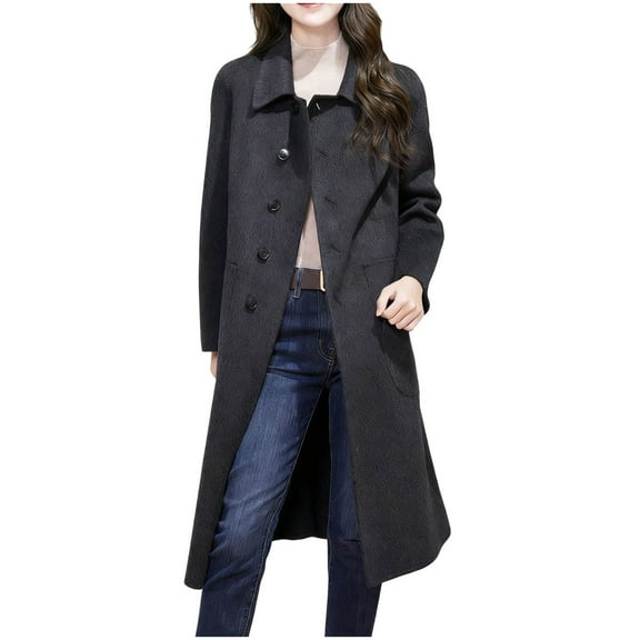 Women's Long Trench Coat Single Breasted Lapel Collar Wool Blend Jacket with Pockets Winter Casual Overcoat (3XL, Dark Gray)