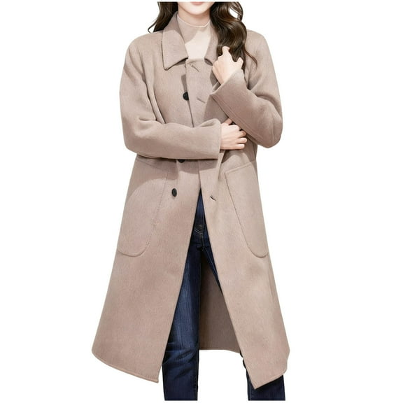 Women's Long Trench Coat Single Breasted Lapel Collar Wool Blend Jacket with Pockets Winter Casual Overcoat (XL, Khaki)