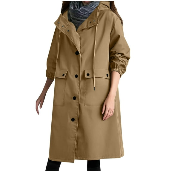 Women's Long Trench Coat Single Breasted Overcoat Oversized Wind Proof Peacoat Long Jacket Drawstring Fashion Hooded Outwear Classic Lapel Slim Jackets Fall Winter Clothes