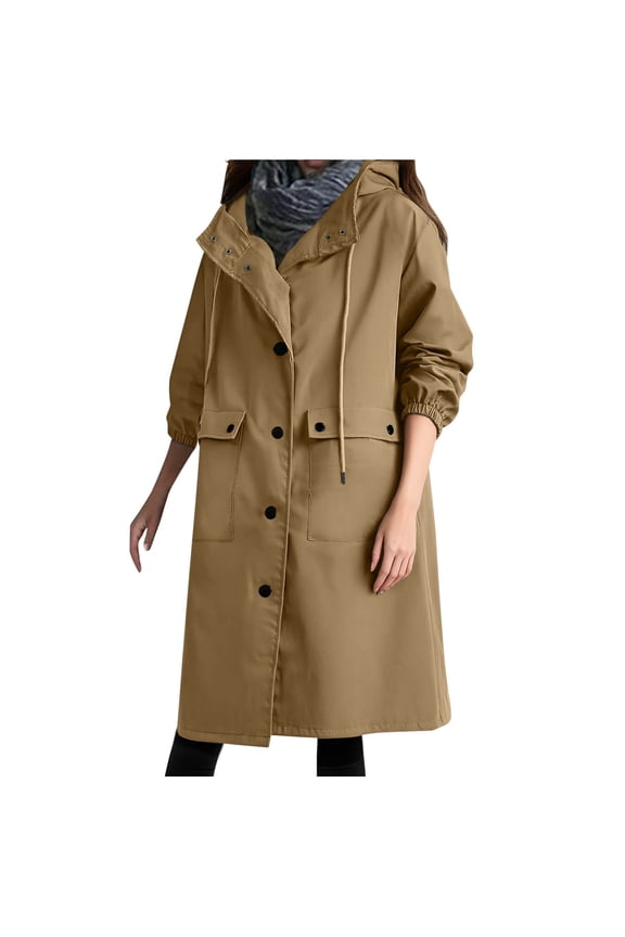 Women's Long Trench Coat Single Breasted Overcoat Oversized Wind Proof Peacoat Long Jacket Drawstring Fashion Hooded Outwear Classic Lapel Slim Jackets Fall Winter Clothes