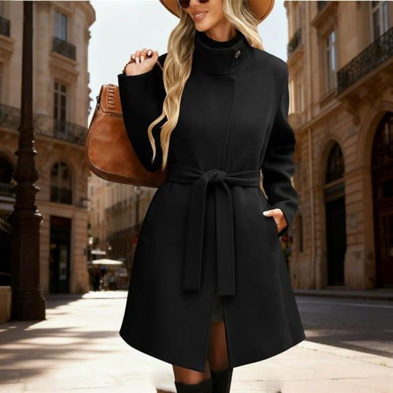 Women's Long Trench Coat, Wool Blend Overcoat, Stand Collar Belted Jacket, Vintage Inspired Fall Winter Coat, Classic Mid-Length Outerwear with Pockets Black XL