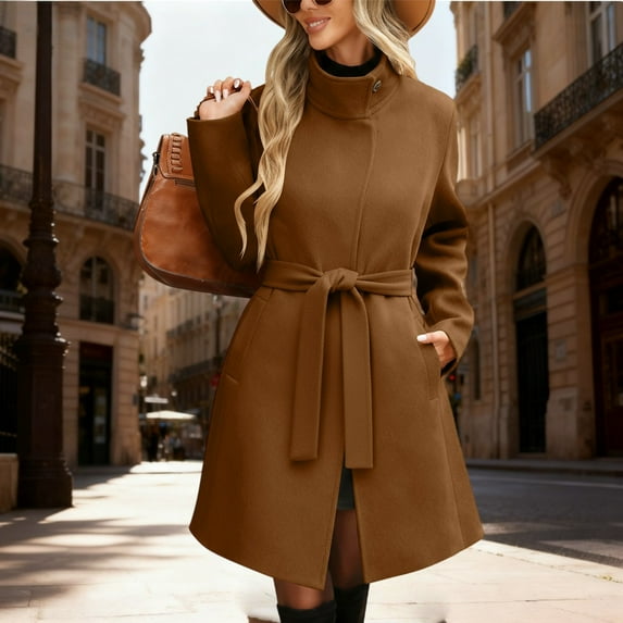 Women's Long Trench Coat, Wool Blend Overcoat, Stand Collar Belted Jacket, Vintage Inspired Fall Winter Coat, Classic Mid-Length Outerwear with Pockets Brown L