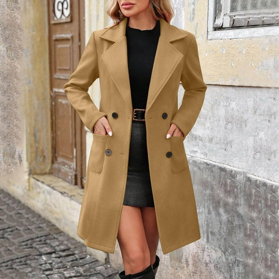 Women's Long Trench Winter Pea Coat Notch Lapel Single Breasted Oversized Long Casual Wool Blend Overcoat Yellow XL