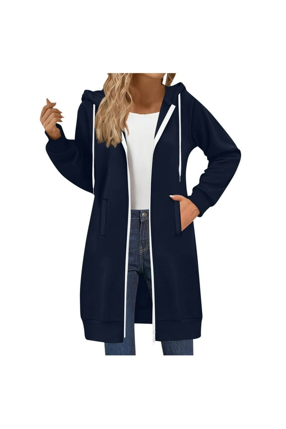 Women's Long Tunic Hoodie Zipper Sweatshirts Oversized Fleece Casual 2025 Fall Jacket Coat with Pocket Solid Drawstring Hooded Tops
