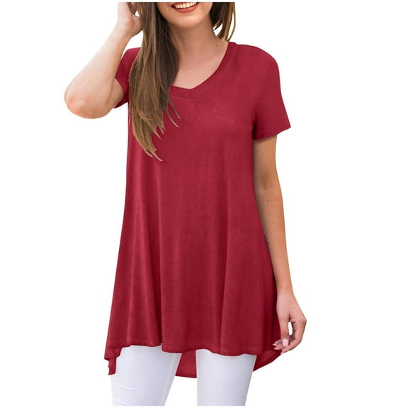 Women's Long Tunic Tops to Wear with Leggings Summer Short Sleeve Loose Fit Dressy Shirts M-5XL