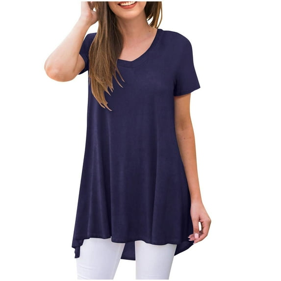 Women's Long Tunic Tops to Wear with Leggings Summer Short Sleeve Loose Fit Dressy Shirts M-5XL