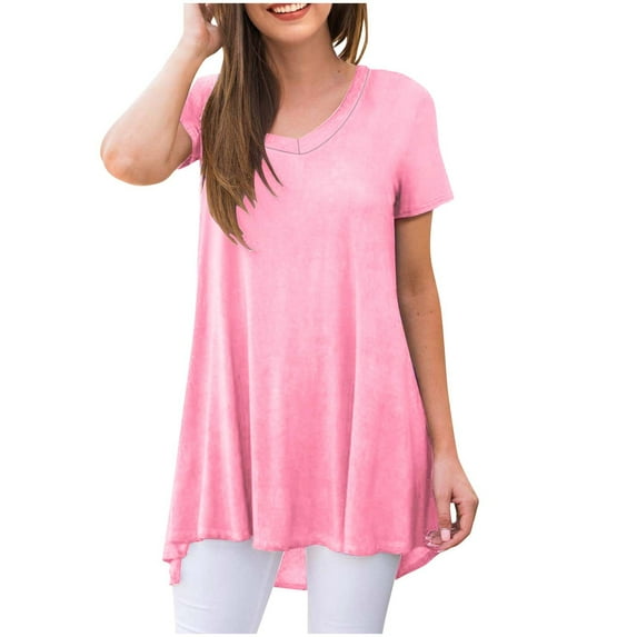 Women's Long Tunic Tops to Wear with Leggings Summer Short Sleeve Loose Fit Dressy Shirts M-5XL