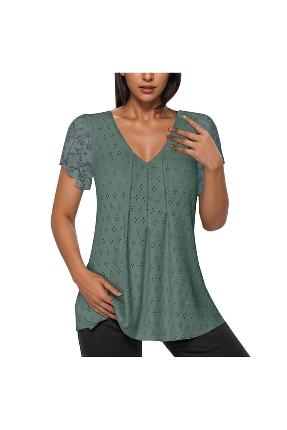 Women's Long Tunic Tops to Wear with Leggings Summer Short Sleeve V Neck Loose Fit Dressy Flowy Shirts