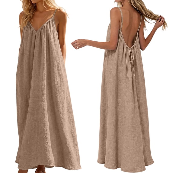 Women's Long V-Neck Backless Lounge Dress, Cami Style Sleepwear with Open Back, Comfortable Summer Home Dress