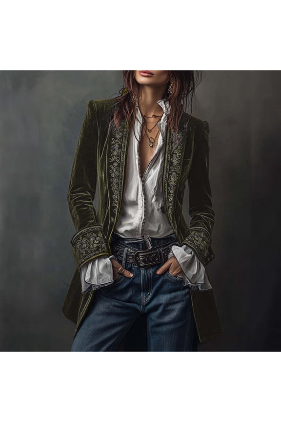 Women's Long Velvet Jacket, Retro Printed Edge Design, Patchwork Sleeve Casual Coat, Elegant Tailored Fit, Boho Chic Duster, Evening Wear Cover Up Blackish Green XL