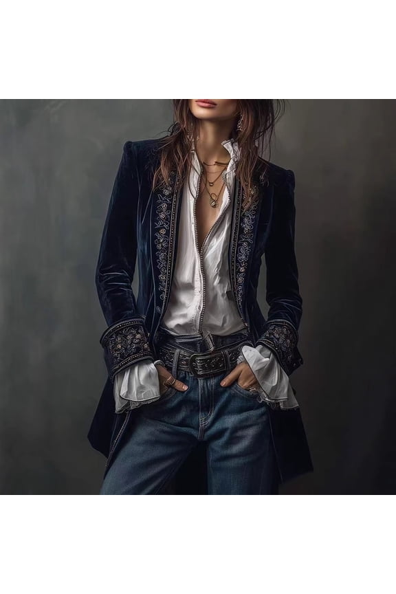 Women's Long Velvet Jacket, Retro Printed Edge Design, Patchwork Sleeve Casual Coat, Elegant Tailored Fit, Boho Chic Duster, Evening Wear Cover Up Navy XL