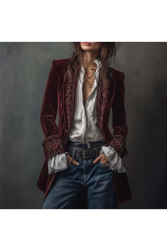 Women's Long Velvet Jacket, Retro Printed Edge Design, Patchwork Sleeve Casual Coat, Elegant Tailored Fit, Boho Chic Duster, Evening Wear Cover Up Purple XXXL