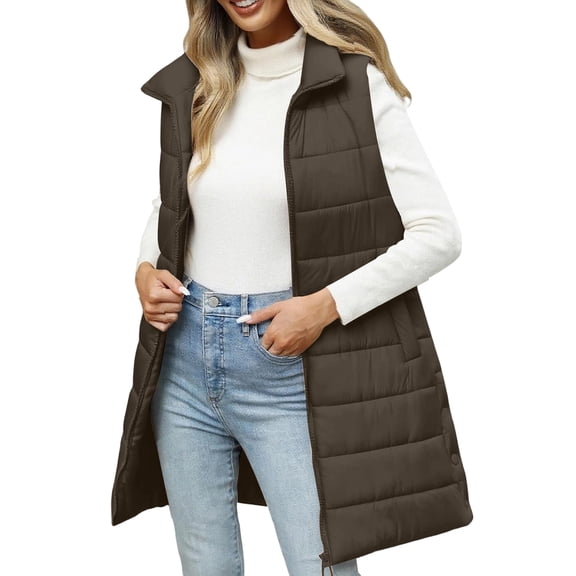Women's Long Vest Plain Sleeveless Hood Winter Vest Outwear Jacket Lightweight Warm Coat Outerwear with Zip-Up and Cotton Material for Women's Casual Fashion and Apparel,Brown,S