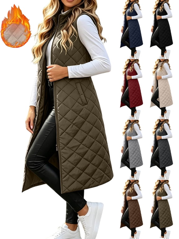 Women's Long Vest Sleeveless Winter Puffer Vest Outwear Solid Color,Pocket,Lightweight,Casual Long Puffer Vests