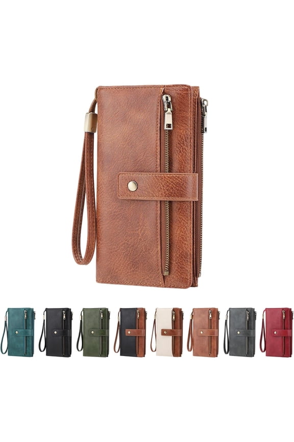 Women's Long Wallet, Bifold Zip Around Purse with Coin Pocket, Ultra Slim Thin Leather Blocking Credit Card Holder, Billfold Clutch(E*1PCS)