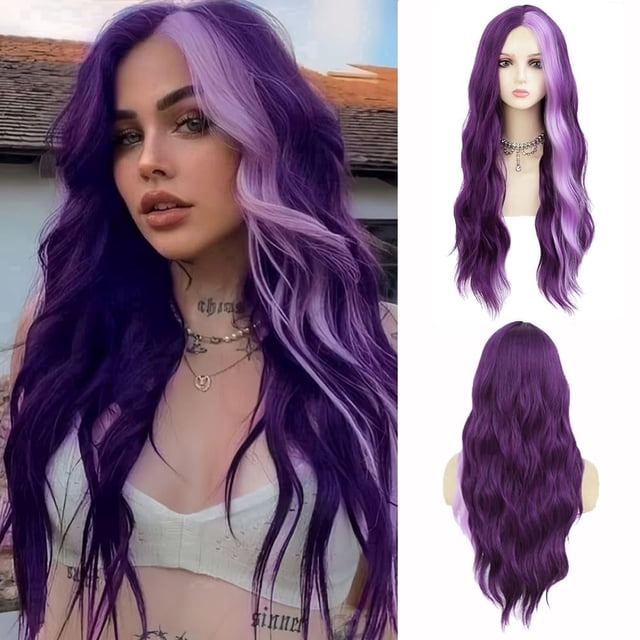 Women's Long Wavy Purple Wig, Streak Synthetic Hair Wig for Cosplay ...